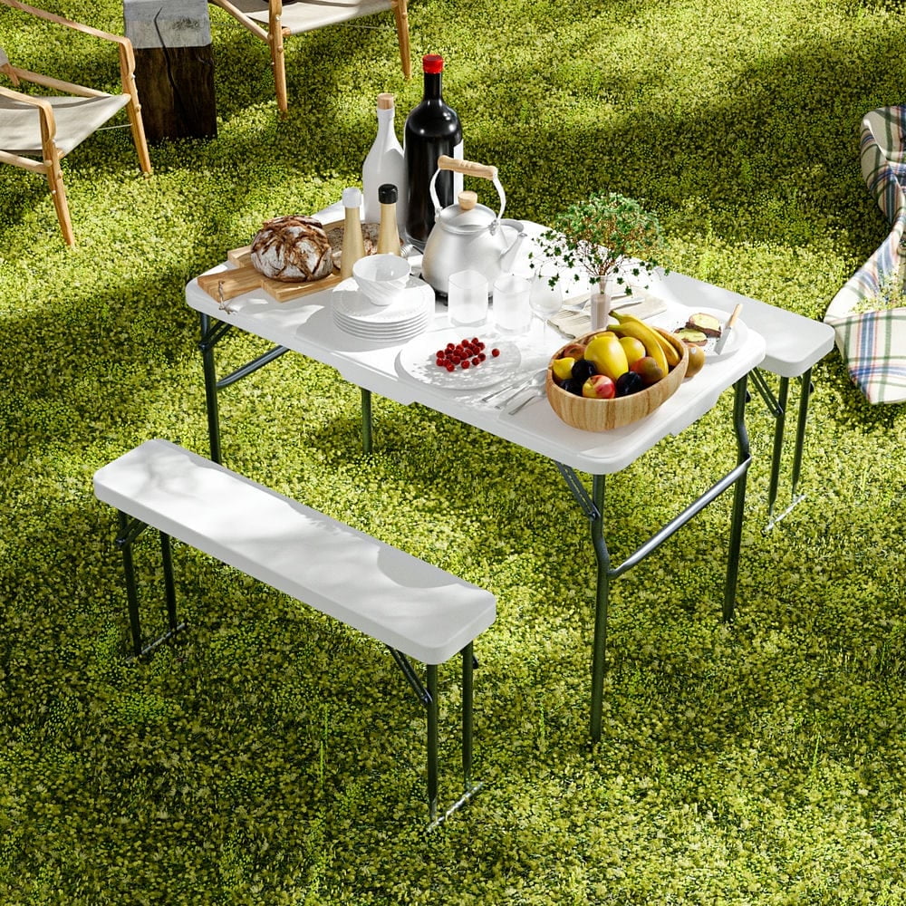 Spaco 44.49 inch Camping Table Chair Set, Picnic Table Set with 2 Benches and Smooth Tabletop, 3-Piece Folding Furniture for Indoor or Outdoor Use, White Spaco 44.49 inch Camping Table Chair Set, Picnic Table Set with 2 Benches and Smooth Tabletop, 3-Piece Folding Furniture for Indoor or Outdoor Use, White