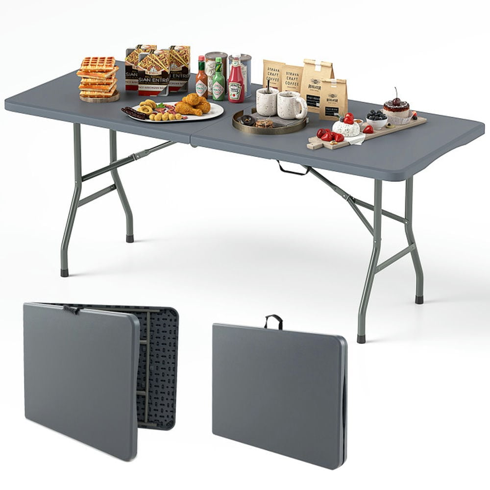 Spaco 6 Feet Portable Folding Table 350 LBS Fold-in-Half Table with HDPE Tabletop, Patio Table for Outdoor, Gray
