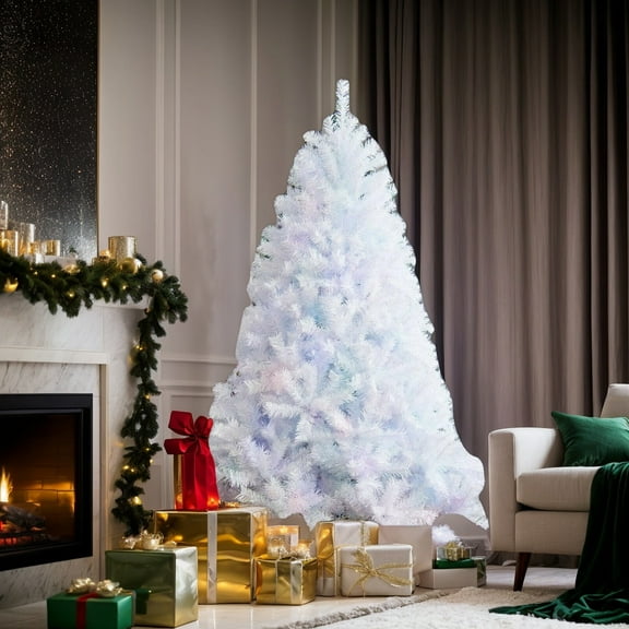 Spaco 6 Feet White Iridescent Tinsel Artificial Christmas Tree with 792 Branch Tips, Artificial Christmas Tree with Folding Metal Stand, Artificial Christmas Tree for Indoor as Living Room, White