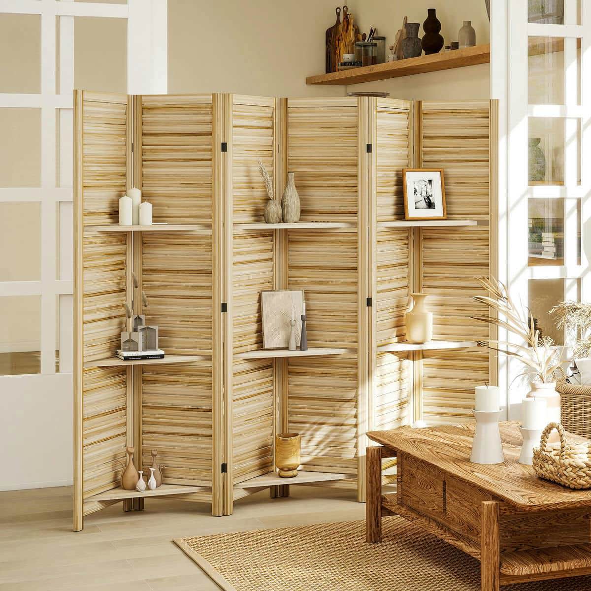 Spaco 6 Panel 67" Tall Wood Privacy Screen, Room Divider, Privacy Screen with 3 Shelves and Folding Storage for Indoor as Living Room, Bedroom, Natural