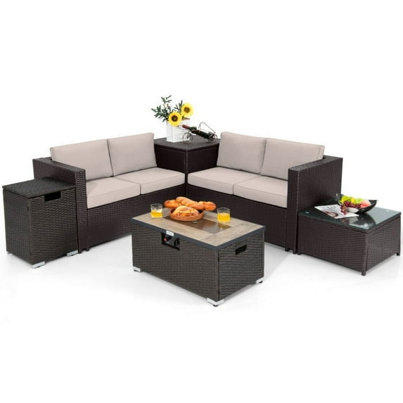 Spaco 6 Pieces Outdoor Wicker Furniture Set, Deluxe Outdoor Patio with 32 Inch Propane Fire Pit Table-Beige