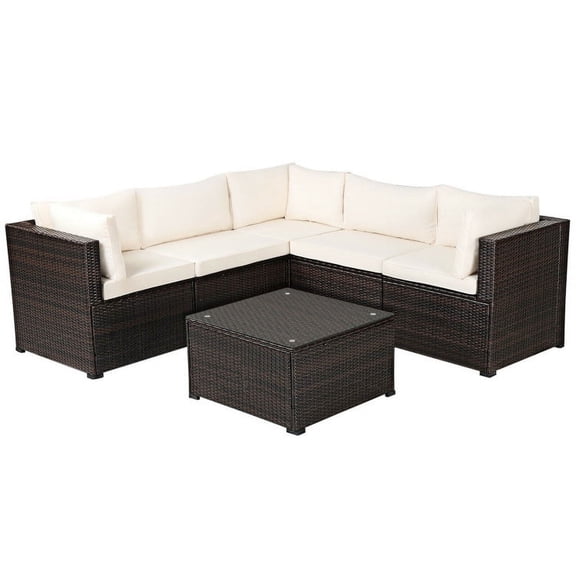 Spaco 6 Pieces Patio Furniture Sofa Set with Cushions for Outdoor-Beige, Wicker Furniture Conversation Sets, Coffee Table for Garden, Poolside, Backyard