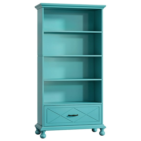 Spaco 6-Shelf Bookcase with Drawer, 71" Bookshelf with Solid Wood Legs, Bookshelf for Indoor, Ocean Blue