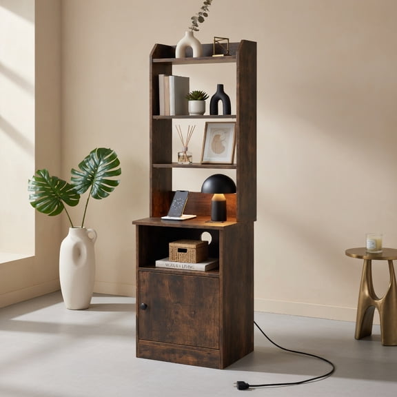 Spaco 6-Tier Bookshelf with Charging Station and Cabinet, Tall Bookshelf, Shelves for Living Room, Home Office, Bedroom, Balcony