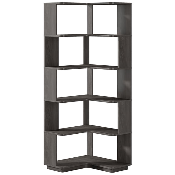 Spaco 6-Tier Corner Bookshelf, 64.96" Corner Bookcase with Anti-Drop Panel, Wood-Grain Particleboard Bookcase, Dark Gray