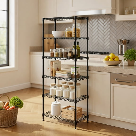 Spaco 6-Tier Heavy-Duty Black Metal Storage Shelving Unit, 900 lb Capacity, V-Shaped Wire Racks, Adjustable & Tool-Free Assembly for Garage, Pantry & Basement, Black