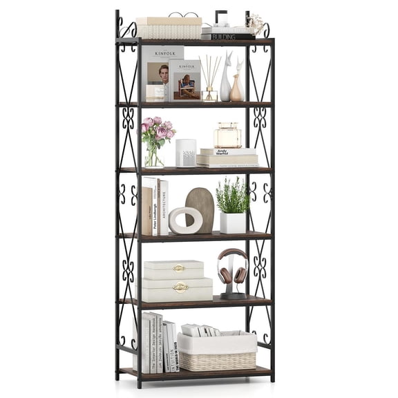 Spaco 6-Tier Industrial Bookshelf - Metal Frame Anti-Tip, 2 Kits Scrollwork Accents, Home Office Use, Rustic Brown