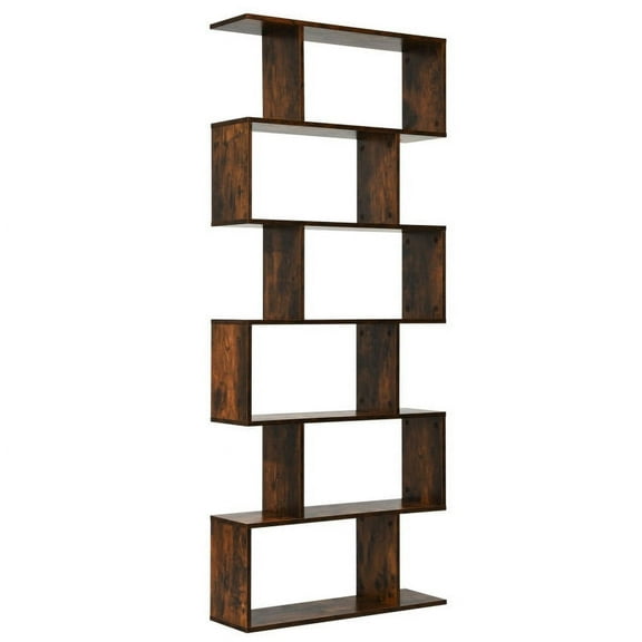 Spaco 6 Tier S-Shaped Bookshelf Storage Display Bookcase Decor Z-Shelf -Coffee, Tall Bookshelf, Shelves for Living Room, Home Office, Bedroom, Balcony