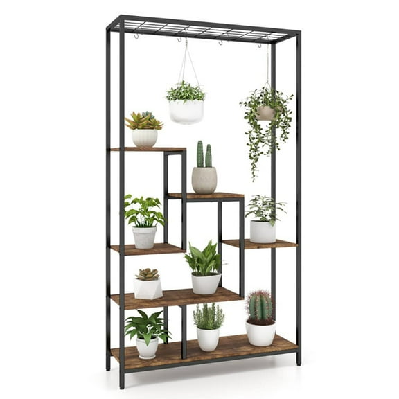 Spaco 6-Tier Tall Plant Stand, 71 Inch Metal Plant Shelf with 10 Hanging Hooks for Indoor and Outdoor, Brown