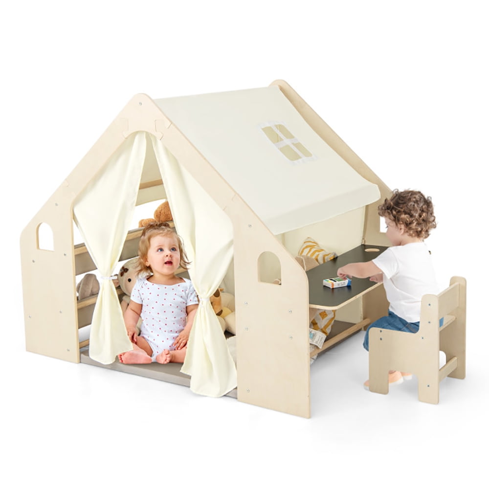 Spaco 6-in-1 Kids Play Tent Playhouse, Play Tent with Blackboard 6 Storage Bins and Floor Cushion, Ideal Holiday Birthday Gift for Kids Ages 2-6, Beige Spaco 6-in-1 Kids Play Tent Playhouse, Play Tent with Blackboard 6 Storage Bins and Floor Cushion, Ideal Holiday Birthday Gift for Kids Ages 2-6, Beige