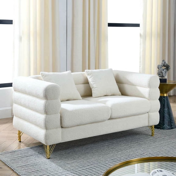Spaco 60 Inch Oversized 2 Seater Sectional Sofa, Comfort Fabric Sectional Sofa with 2 Pillows, Deep Seating Sectional Sofa, Soft Sitting for Indoor as Living Room, Bedroom, White