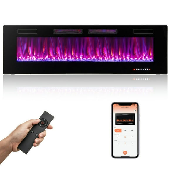 Spaco 60 Inch Ultra-Thin Electric Fireplace with Decorative Crystals, 5100 BTU Electric Fireplace with 12 Flame Colors and 5-Level Flame Brightness, Electric Fireplace for Indoor, Black