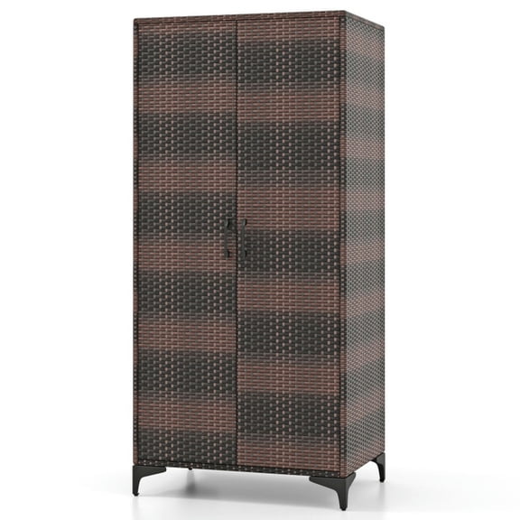 Spaco 62 Inch Wicker Wardrobe with 2 Doors PE Rattan Closet with Hanging Rod-Brown, Storage Organizer for Bedroom, Non-Woven Fabric Cover
