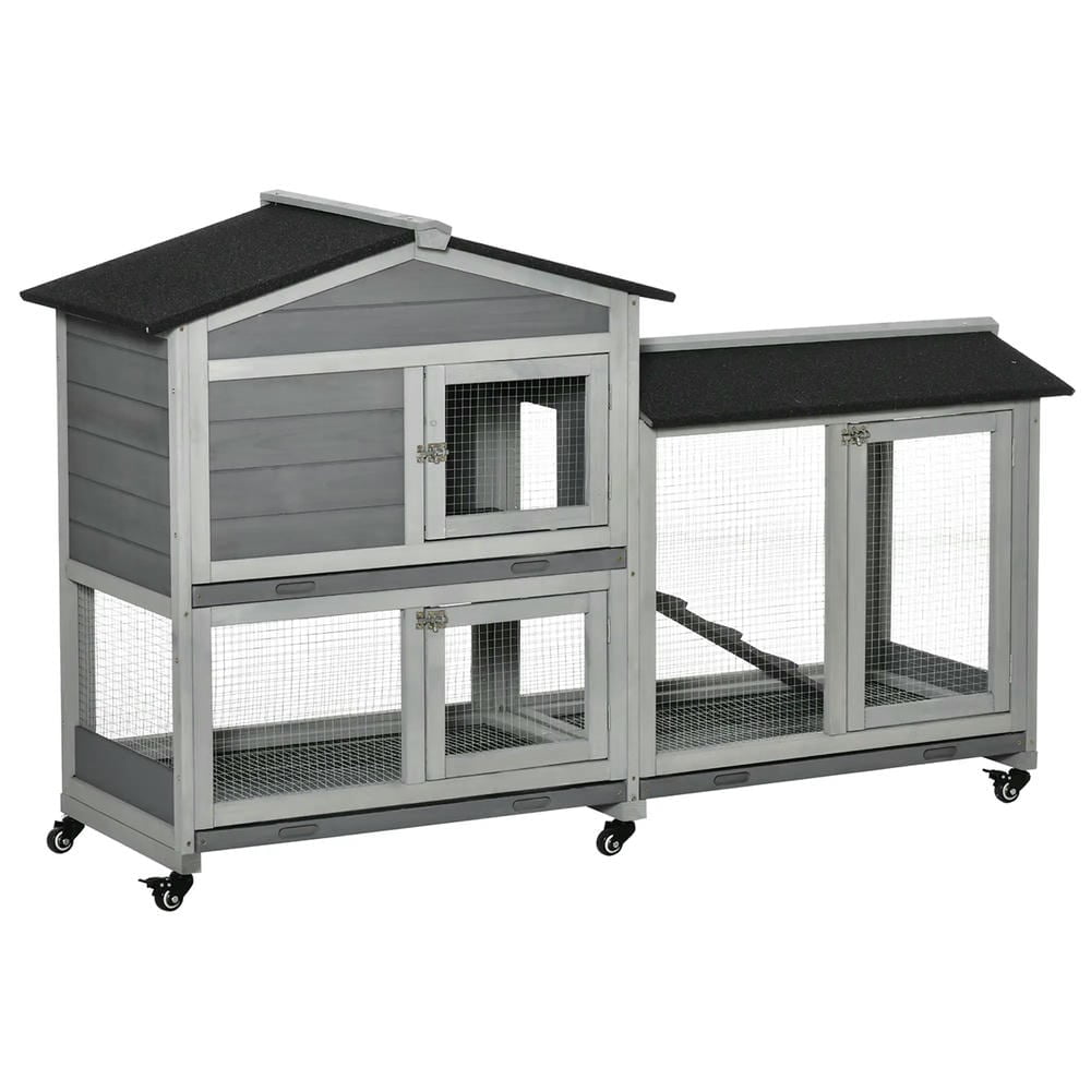 Spaco 62inch Wooden Mobile Rabbit Hutch with Wheels, Run Box, Slide-out Tray, Ramp, Gray