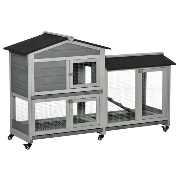 Spaco 62inch Wooden Mobile Rabbit Hutch with Wheels, Run Box, Slide-out Tray, Ramp, Gray