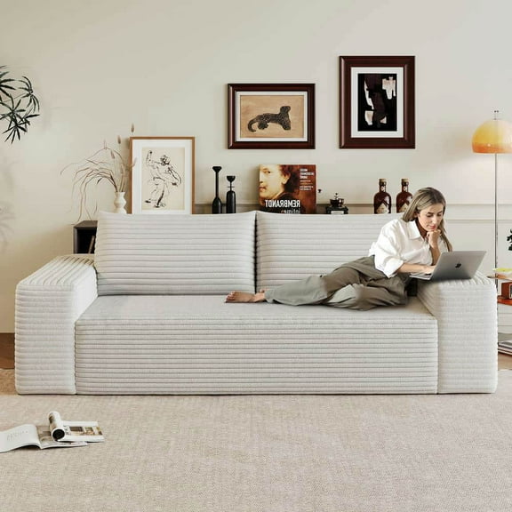 Spaco 63" 2-Seater Sofa, Deep Seat Couches, Compressed Sofa, Comfy Corduroy Fabric Loveseat Sofa for Indoor as Living Room, Bedroom, No Assembly, White