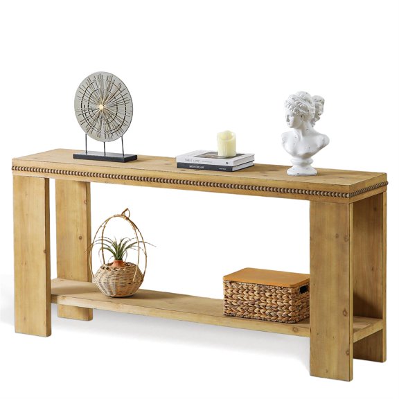 Spaco 63" Boho Console Table with Storage Shelf, 2-Tier Narrow Entryway Table with Beaded Trim for Hallway, Foyer, or Behind Couch, Brown