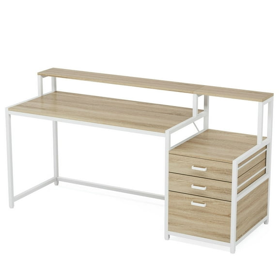 Spaco 63" Computer Desk, Ergonomic Office Desk with Drawers & Monitor Stand, Desk for Indoor as Home, Office, Beige