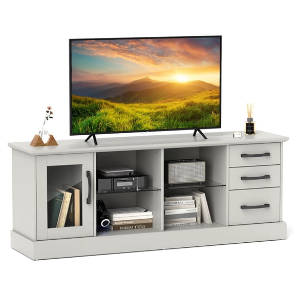 Spaco 63 Inches Media Console Table with 3 Drawers and 2 Glass Shelves, Entertainment Center, Gray