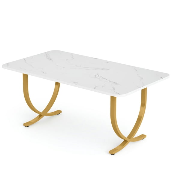Spaco 63" Modern Dining Table Kitchen Table with Faux Marble Table Top, Dining Table for Indoor as Living Room, Kitchen, White & Gold
