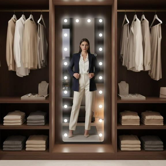 Spaco 63x20 Inch Hollywood LED Full-Length Mirror, White Frame, High Color Accuracy, Anti-Desilvering, 50,000-Hour LED, Touch Brightness, Multi-Mount