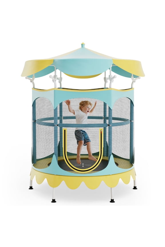 64" Kids Trampoline with Detachable Canopy and Safety Enclosure Net-Yellow, Bounce Trampoline for Outdoor as Garden, Park