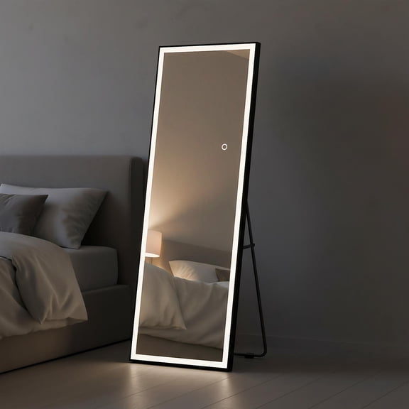 Spaco 64x21 Inch Rectangle LED Full-Length Mirror, Black Frame Tempered Glass, 3 Color Temperatures (Cool/Warm/Natural), High Color Accuracy, Heavy-Duty Frame