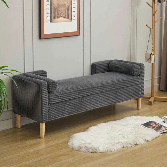 Spaco 65.35" Wide Corduroy Storage Soft Bench with Backrest and Two Bolster Pillows, Soft Bench with Armrests for Indoor as Living Room, Entryway, Gray