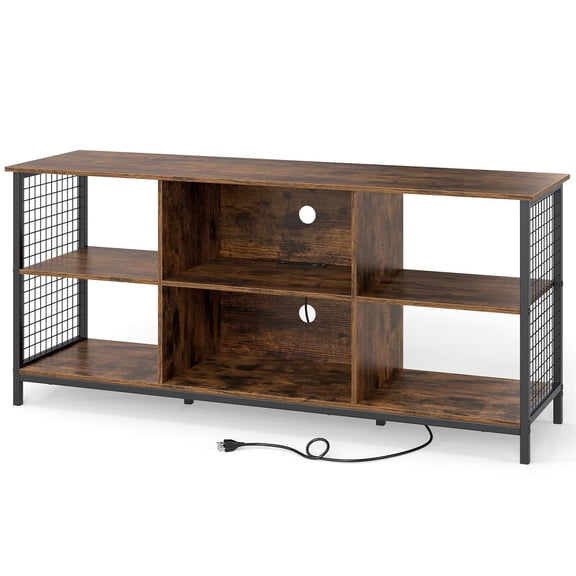 Spaco 65" TV Stand with Integrated Charging Station, 6-Cube Storage Design, Rustic Brown & Black