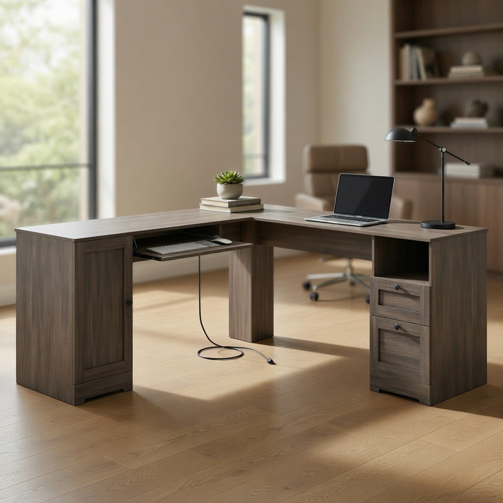 Spaco 66 Inch L-Shape Writing Desk with Power Station Pull Out Keyboard Tray Storage Drawers Adjustable Shelf Cable Organizer Dark Gray Home Office Desk, Dark Gray
