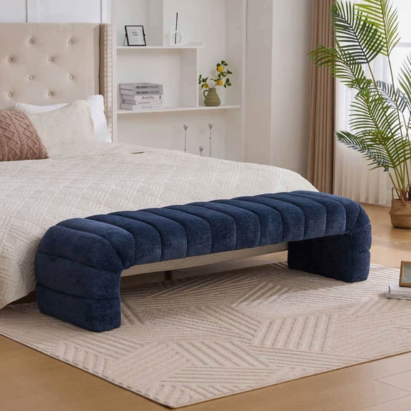 Spaco 69.7" Wide Modern Upholstered Armless Bed Bench, Channel Tufted Couch Daybed Chaise Bench, Chenille Ottoman Foot Stool, Shoe Bench for Indoor as Living Room, Entryway, Navy