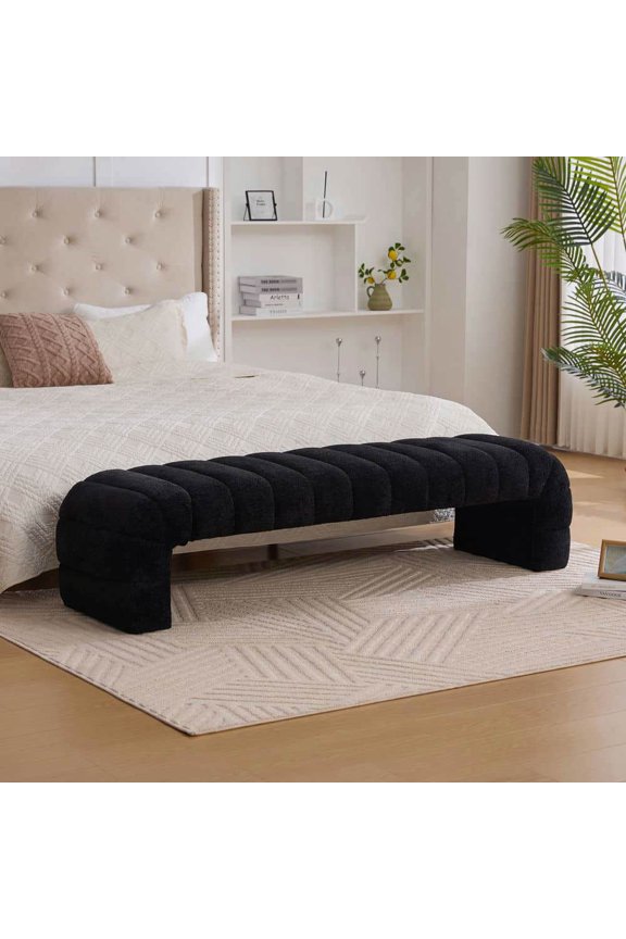69.7" Wide Modern Upholstered Armless Bed Bench, Channel Tufted Couch Daybed Chaise Bench, Chenille Ottoman Foot Stool, Shoe Bench for Indoor as Living Room, Entryway, Black