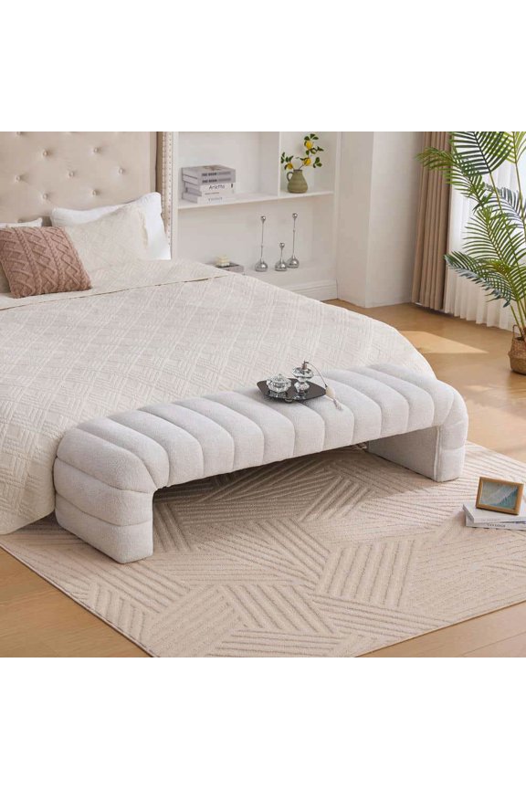 69.7" Wide Modern Upholstered Armless Bed Bench, Channel Tufted Couch Daybed Chaise Bench, Chenille Ottoman Foot Stool, Shoe Bench for Indoor, White
