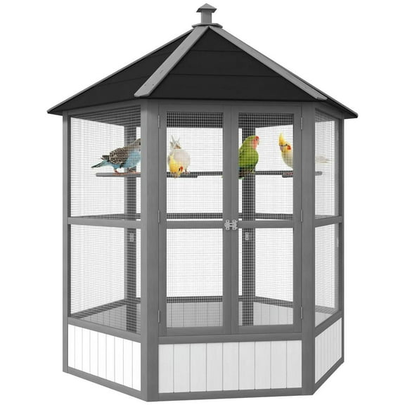 Spaco 69inch Wooden Hexagonal Outdoor Aviary Flight Bird Cage With Covered Roof, Light Gray