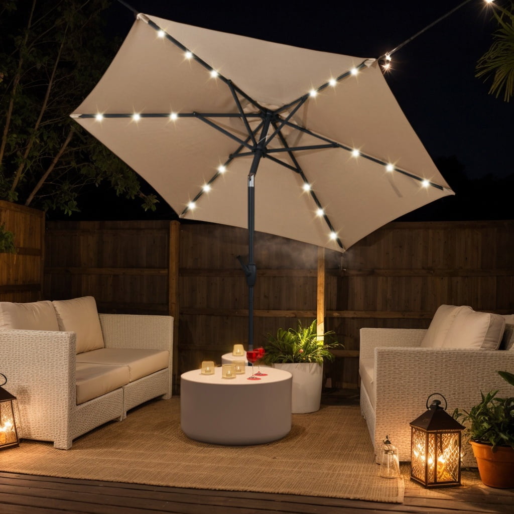 Spaco 7.5 Feet Solar Powered Patio Umbrella, Outdoor Shade with LED Lights and Crank Handle, Beige