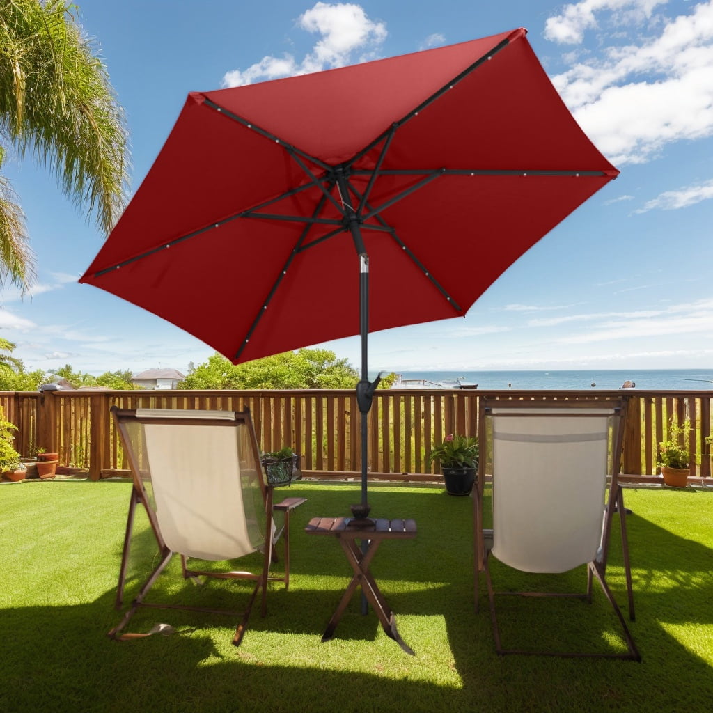 Spaco 7.5 Feet Solar Powered Patio Umbrella, Outdoor Shade with LED Lights and Crank Handle, Red