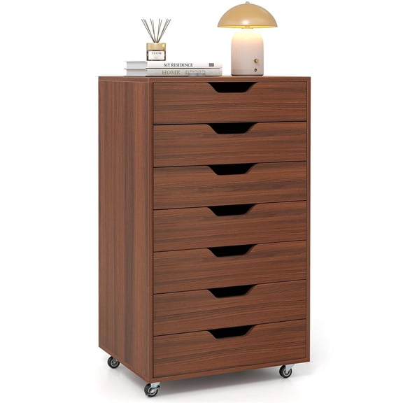 Spaco 7-Drawer Wooden Storage Chest - Dual Anti-Tip Universal Wheels (2 Braked), Smooth Metal Rails, Walnut