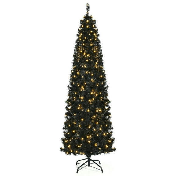 Spaco 7 Ft Christmas Halloween Tree, Pre-Lit Christmas Tree with PVC Branch Tips and Warm White Lights, Slim Pencil Halloween Tree for Indoor and Outdoor as Living Room, Garden, Black
