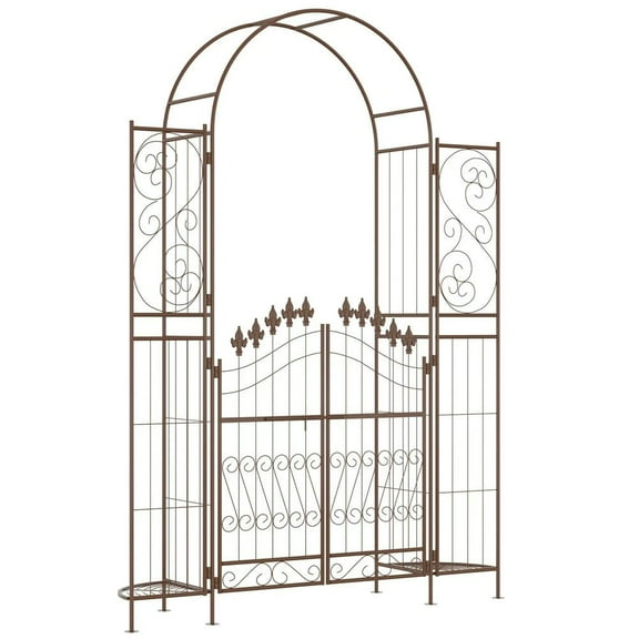 Spaco 7' Metal Garden Arbor, Garden Arch with Gate, Fleur De Lis Motif, Latching Doors, Planter Shelves for Climbing Vines, Ceremony, Weddings, Brown