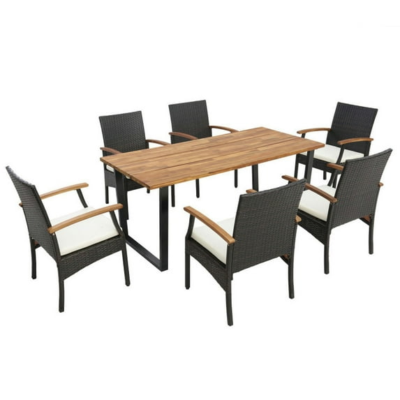 Spaco 7 Pieces Outdoor Wicker Chair and Dining Table Set with Wood Handrail, Dining Table with Functional 2" Umbrella Hole, Dining Chair and Table Set for Outdoor as Garden, Patio, Off White
