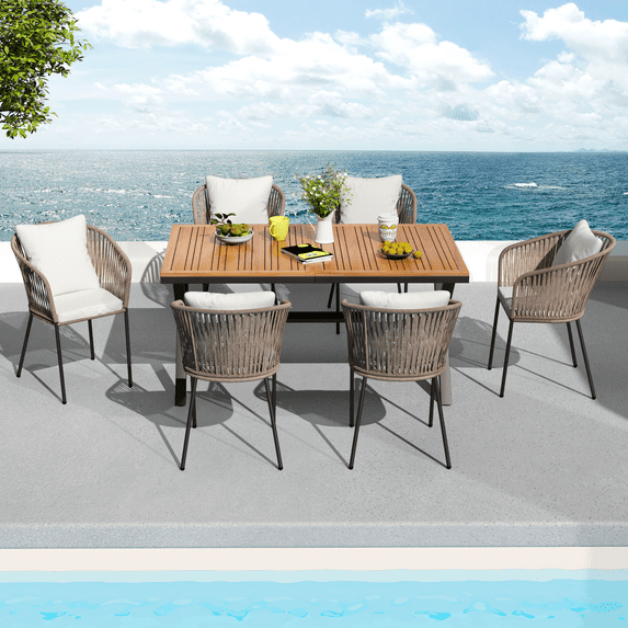 Spaco 7 Pieces Patio Dining Set, All-Weather Patio Furniture Set with Dining Table and Chairs, Acacia Wood Tabletop, Metal Frame, for for Garden, Backyard, Balcony, Beige