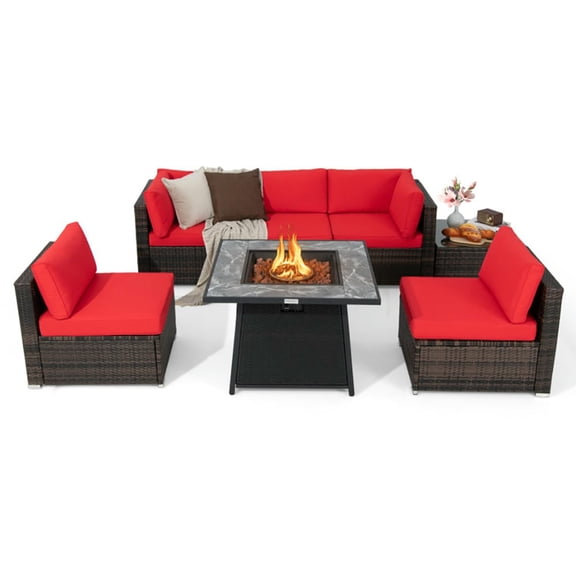 Spaco 7 Pieces Patio Furniture Set, 35 Inches 50000 BTU Propane Gas Fire Pit Table and Waterproof PVC Cover for Firpit, Red