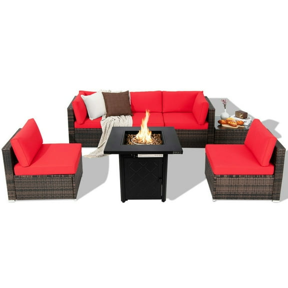 Spaco 7 Pieces Patio Furniture Set, Outdoor Furniture Set with 28 Inches 50000 BTU Propane Gas Fire Pit Table, Sectional Sofa Set for Outdoor, Red
