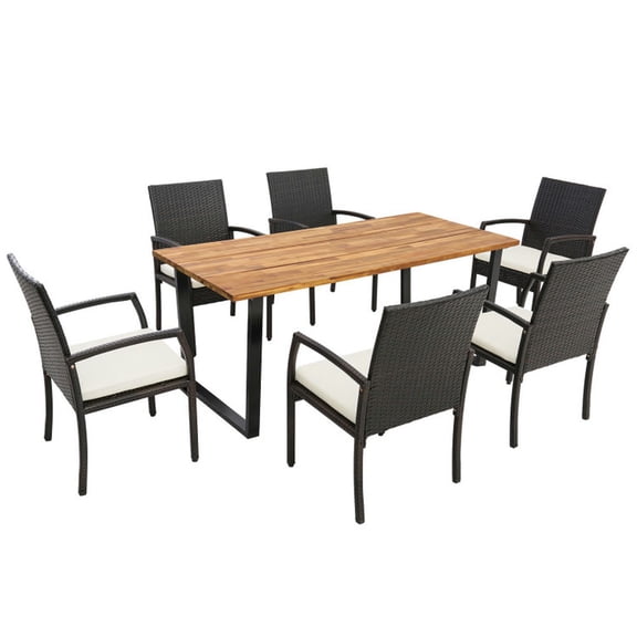 Spaco 7 Pieces Patio Rattan Dining Set with Ergonomic Backrests and Armrests, Dining Set with Umbrella Hole-L-shaped Handrail, Dining Set for Outdoor as Garden, Patio, Off White