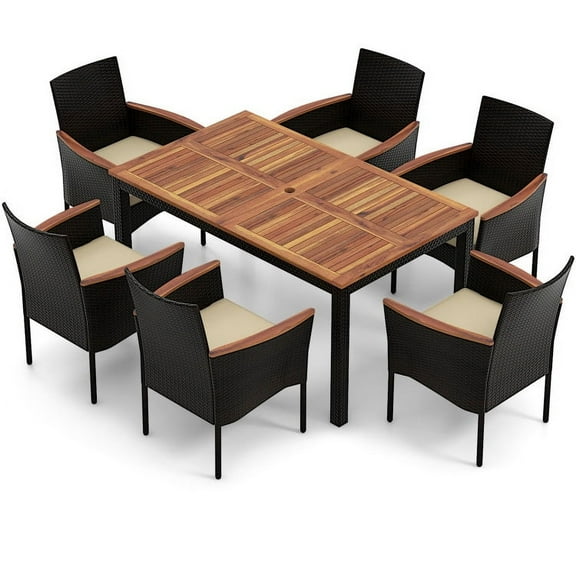 Spaco 7 Pieces Rattan Patio Dining Set with Stackable Chairs and Umbrella Hole, Furniture Conversation Sets, Coffee Table for Garden, Poolside, Backyard