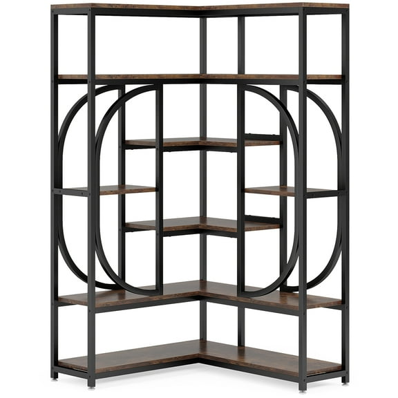 Spaco 7-Shelf Corner Bookshelf, L-Shaped Bookcase Display Rack, Versatile Bookshelf, Rustic Brown