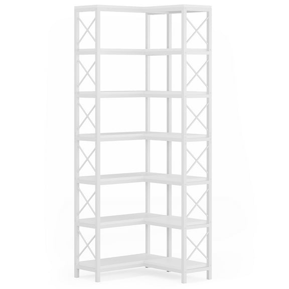 Spaco 7-Tier Corner Bookshelf Corner Bookcase Storage Display Rack, Bookcase with 14 Sleek Open Shelves, White