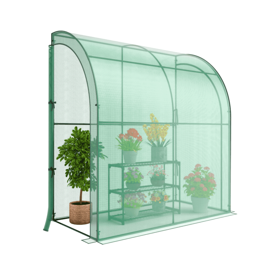 Spaco 7 x 3.5 x 7 Feet Lean-to Greenhouse with Flower Rack, Walk-in Wall Greenhouse for Outdoor as Backyard, Garden, Patio, Lawn, Green