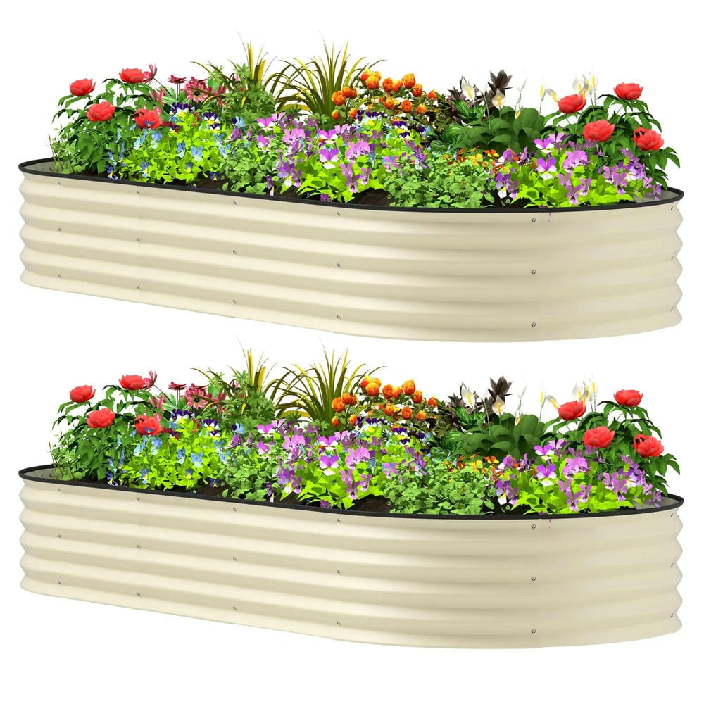 Spaco 7' x 3' x 1' Raised Garden Bed Set, 2-Piece Raised Beds for Gardening with Metal Plant Stakes, Cream White