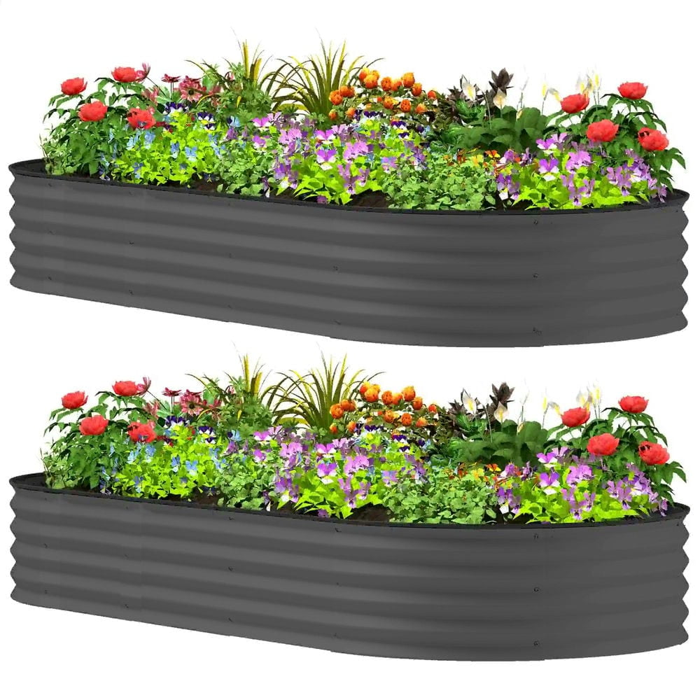 Spaco 7' x 3' x 1' Raised Garden Bed Set, 2-Piece Raised Beds for Gardening with Metal Plant Stakes, Dark Gray